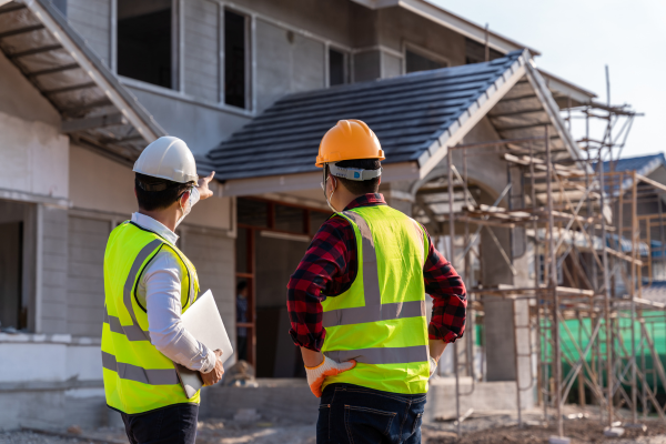 construção de uma casa com dois prestadores de serviço observando